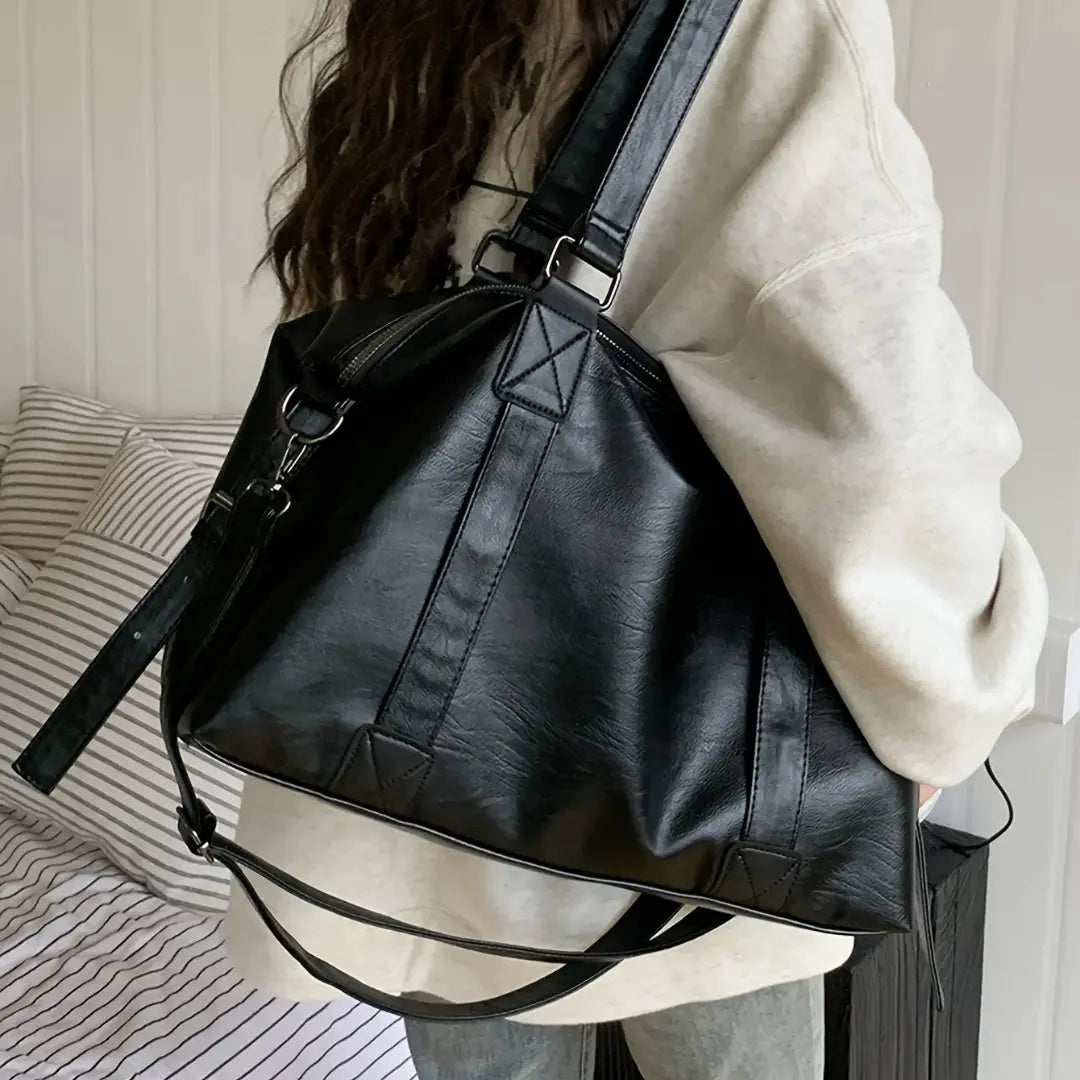 Gexo PU Leather Travel Black Tote Bag with Crossbody Strap