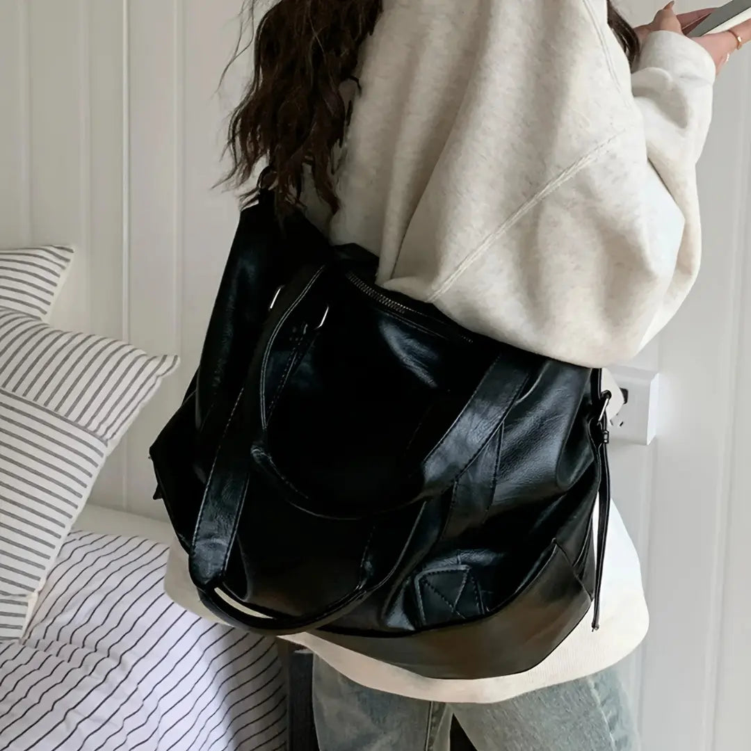 Gexo PU Leather Travel Black Tote Bag with Crossbody Strap