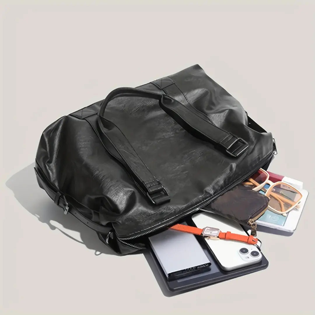 Gexo PU Leather Travel Black Tote Bag with Crossbody Strap