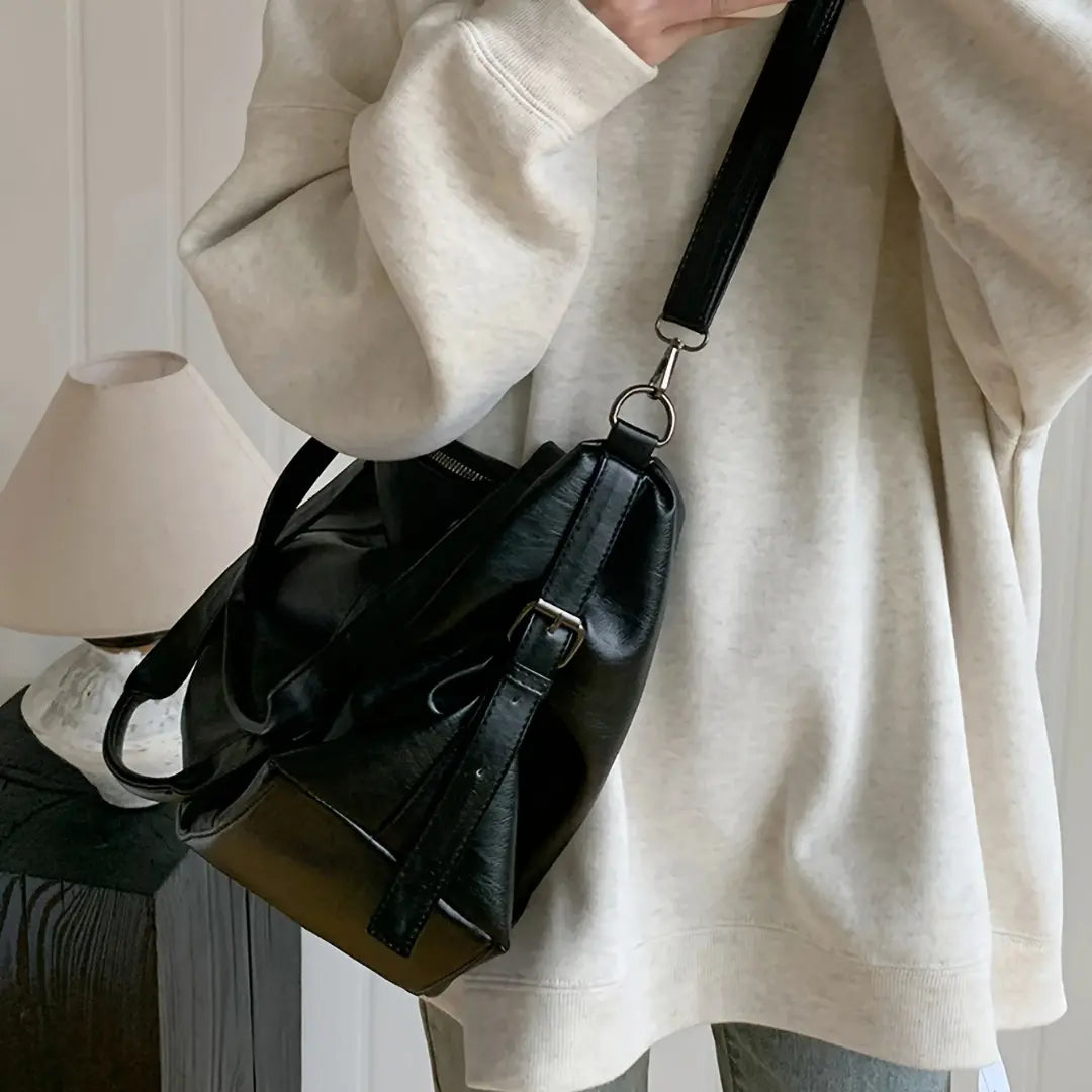 Gexo PU Leather Travel Black Tote Bag with Crossbody Strap