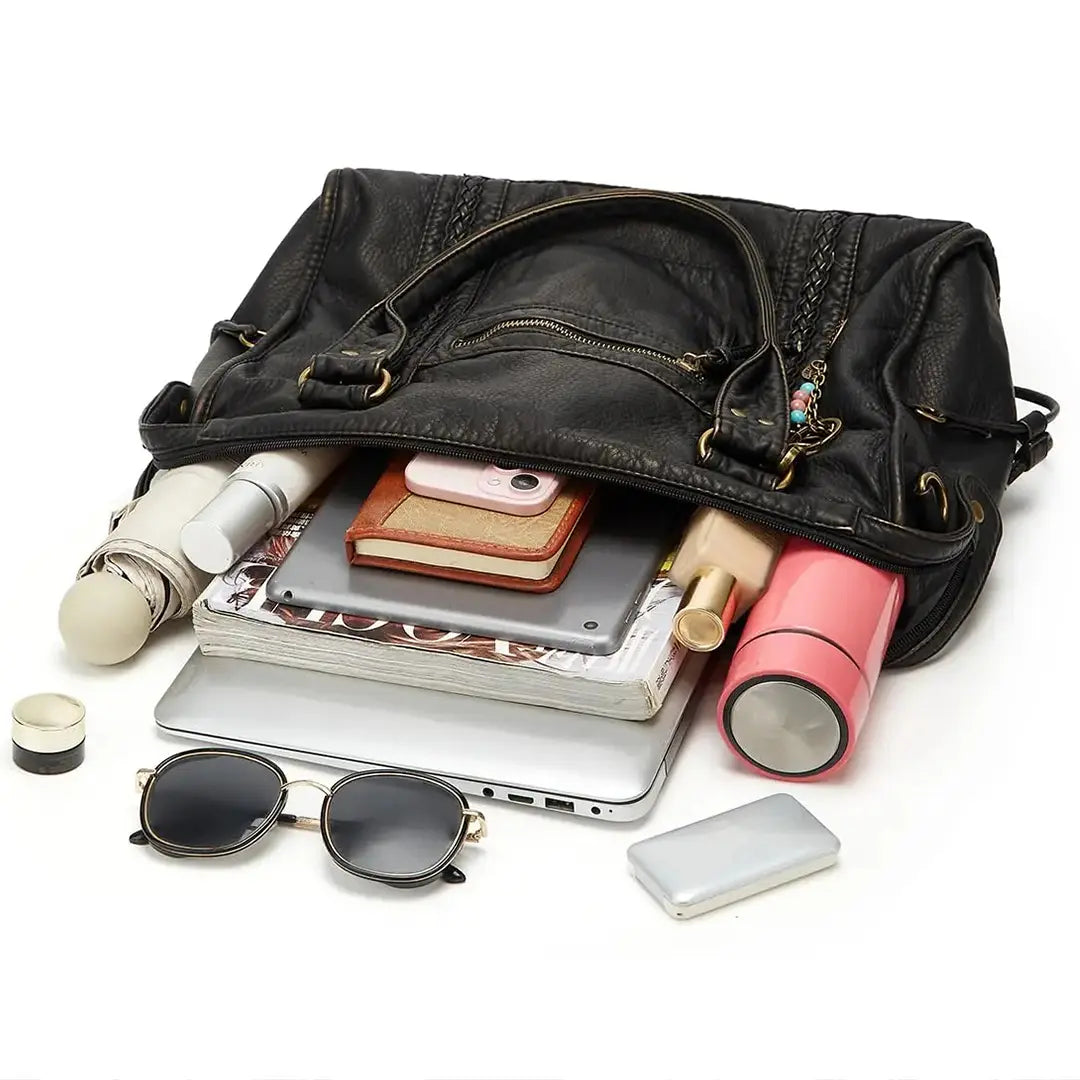 Gexo Vintage Black Leather Shoulder Bag with Crossbody Strap