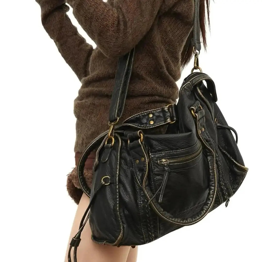 Gexo Vintage Black Leather Shoulder Bag with Crossbody Strap