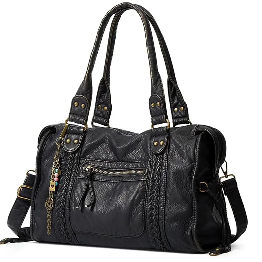 Gexo Vintage Black Leather Shoulder Bag with Crossbody Strap