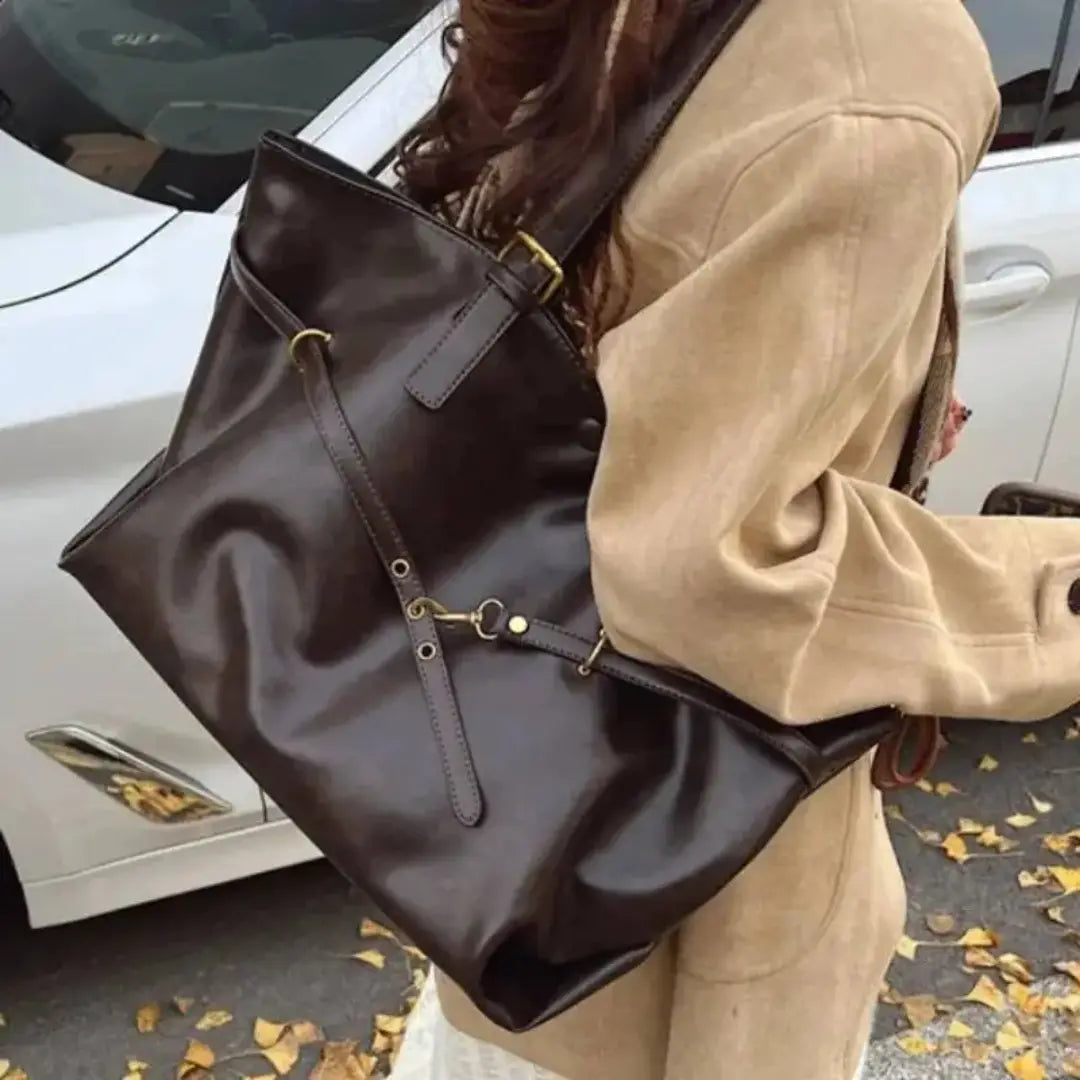 Gexo Vintage PU Leather Tote Bag with Buckle Detail