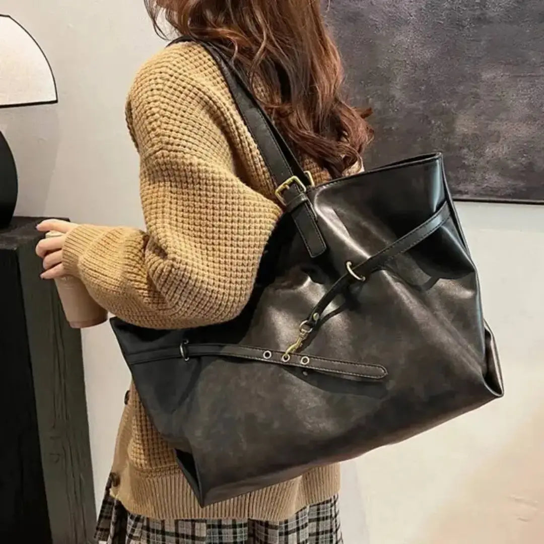 Gexo Vintage PU Leather Tote Bag with Buckle Detail