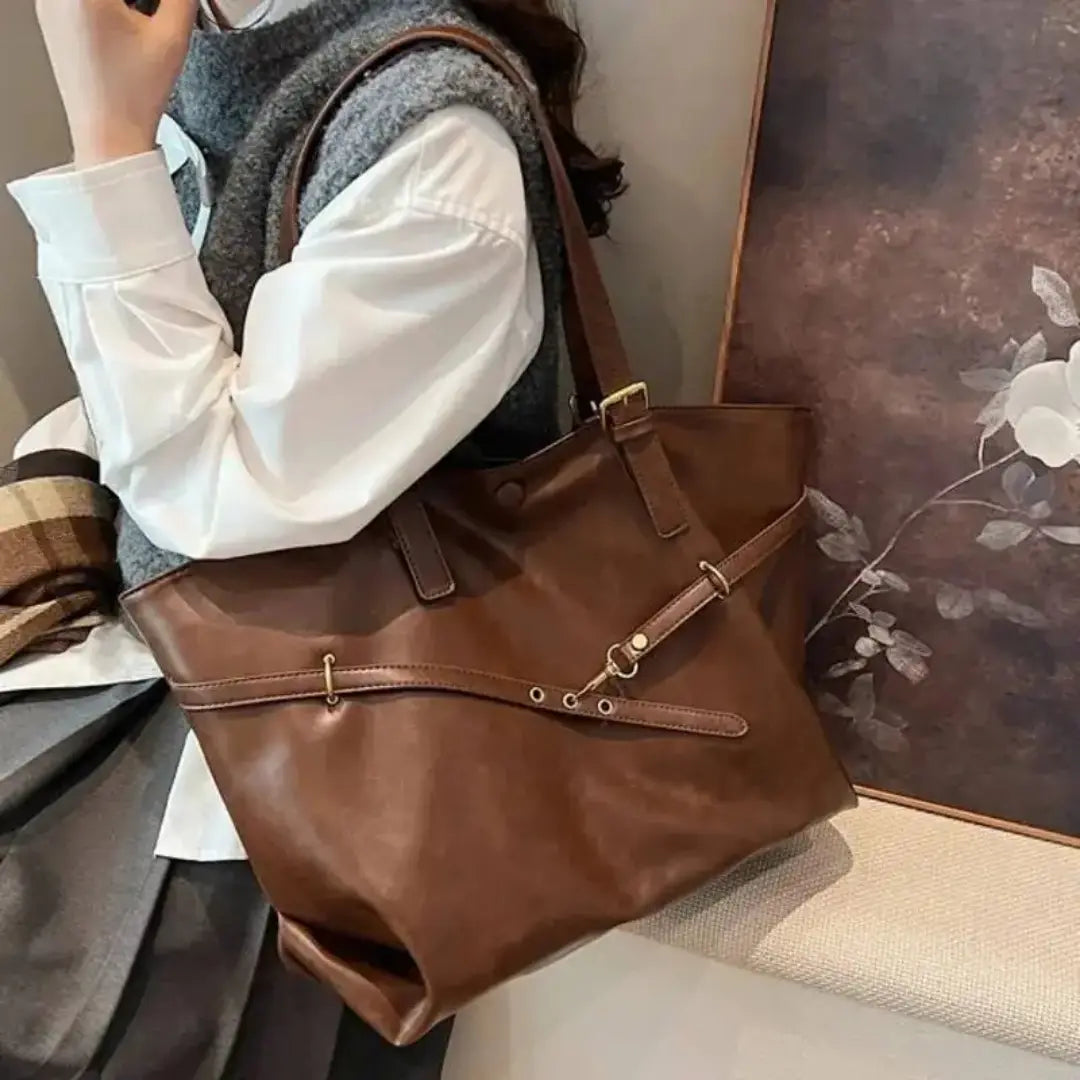 Gexo Vintage PU Leather Tote Bag with Buckle Detail