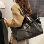 Gexo Vintage PU Leather Tote Bag with Buckle Detail