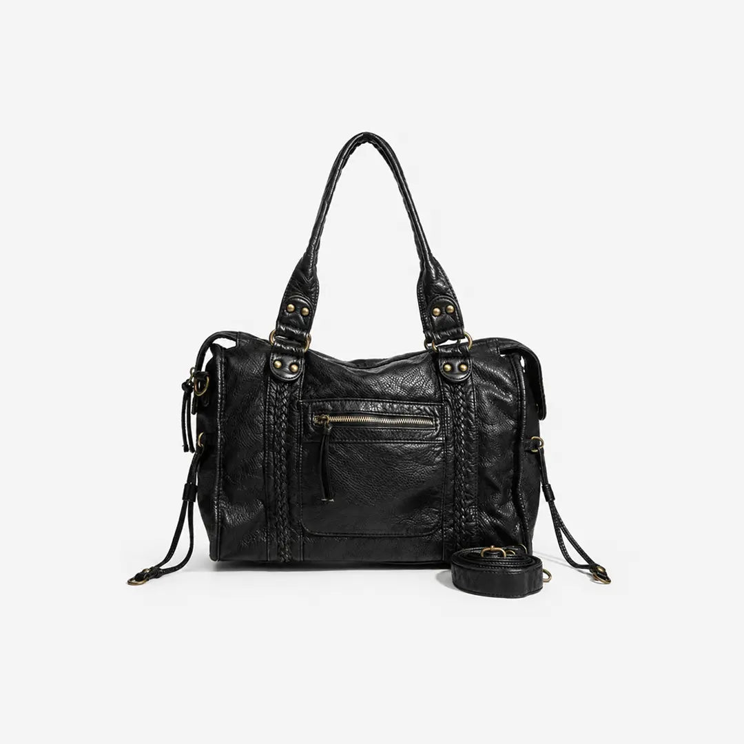 Gexo Vintage Black Leather Shoulder Bag with Crossbody Strap